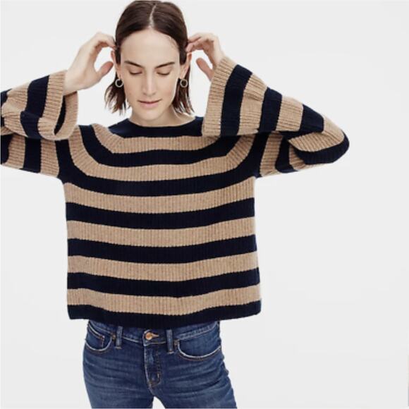J Crew Cashmere Navy Camel Striped Sweater Ruffle Cuffs Size M Preppy Ivy League - Picture 1 of 7